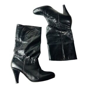 Crown Womens Pull On Mid Calf Almond Toe Heeled Boots Black Leather Size 6